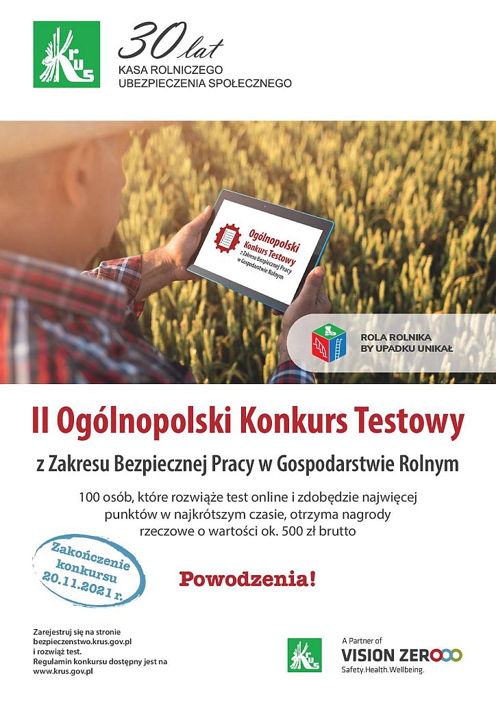 II Ogólnopolski Konkurs Testowy z Zakresu Bezpiecznej Pracy w Gospodarstwie Rolnym - plakat