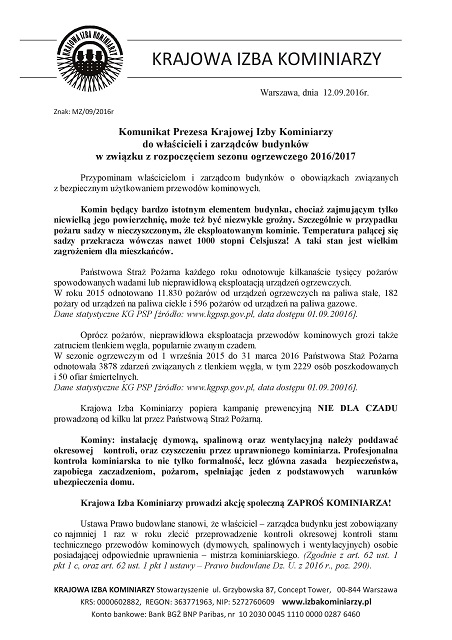 Komunikat Prezesa Krajowej Izby Kominiarzy 2016