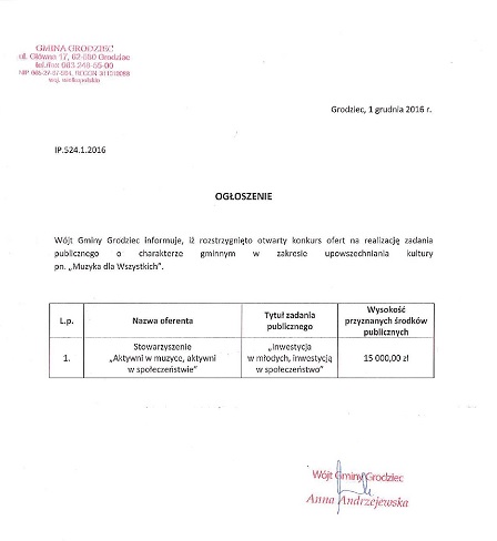 Ogloszenie o wynikach konkursu