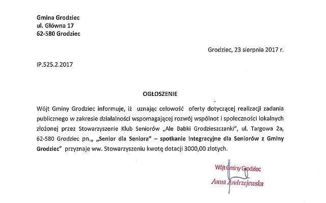 Ogloszenie Stowarzyszenie Klub Seniorow maly