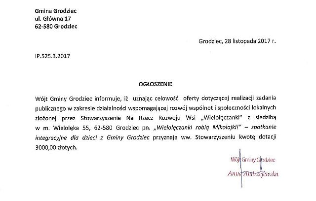 Ogloszenie o przyznaniu dotacji maly