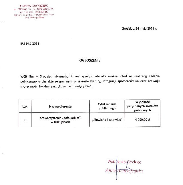 Ogloszenie o przyznaniu dotacji maly