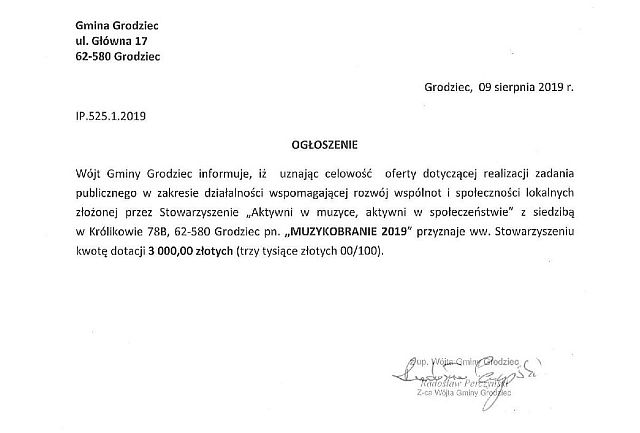 Ogloszenie Przyznanie dotacji