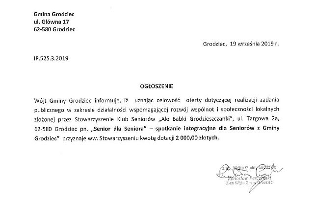 Ogloszenie o przyznaniu dotacji Senior dla Seniora