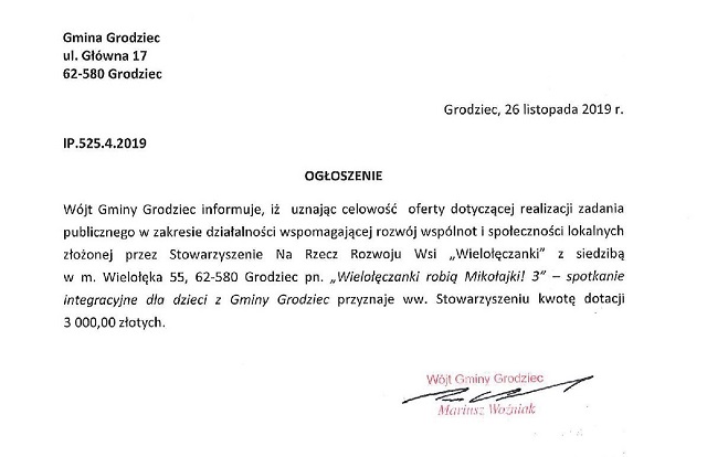 Ogloszenie o przyznaniu dotacji