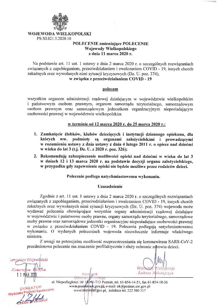 Polecenie Wojewody Wielkopolskiego - informacja o zamknięciu placówek
