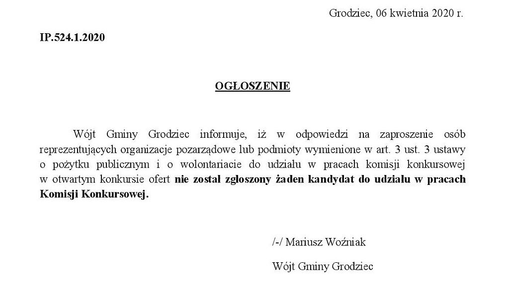 Ogłoszenie – brak zgłoszeń kandydatów do udziału w pracach Komisji Konkursowych.