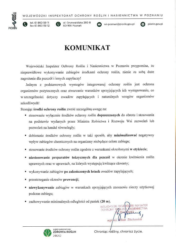 Komunikat Wojewódzkiego Inspektora Ochrony Roślin