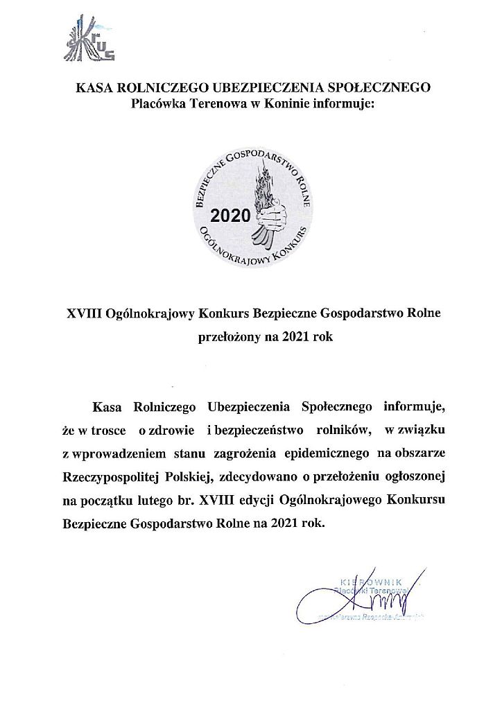 Informacja o przełożeniu terminu konkursu "Bezpieczne Gospodarstwo Rolne"