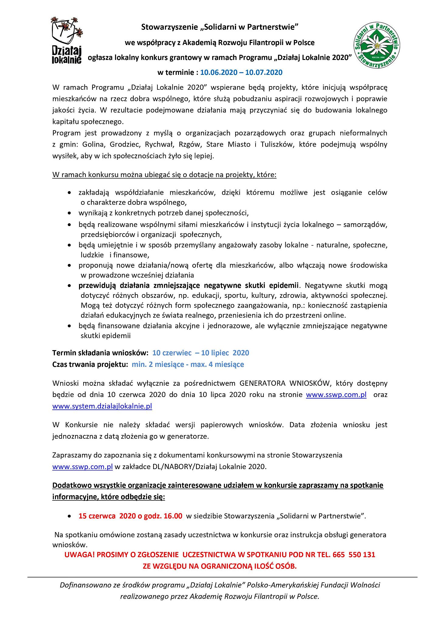 Plakat konkurs "Działaj Lokalnie 2020"