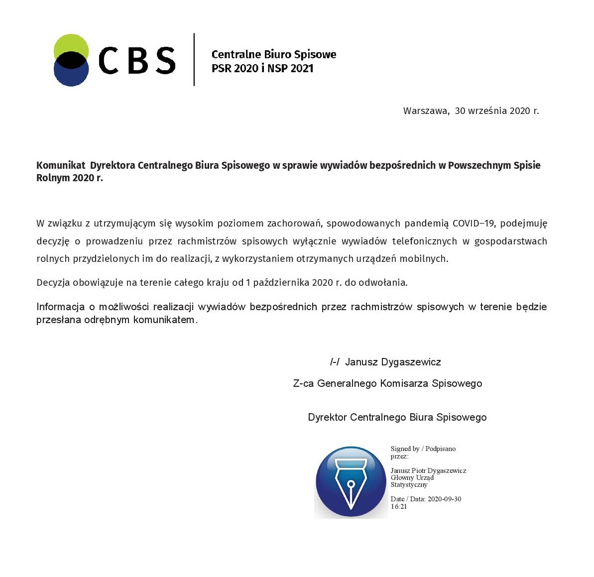 Komunikat Dyrektora Centralnego Biura Spisowego w sprawie wywiadów bezpośrednich w Powszechnym Spisie Rolnym 2020 r.