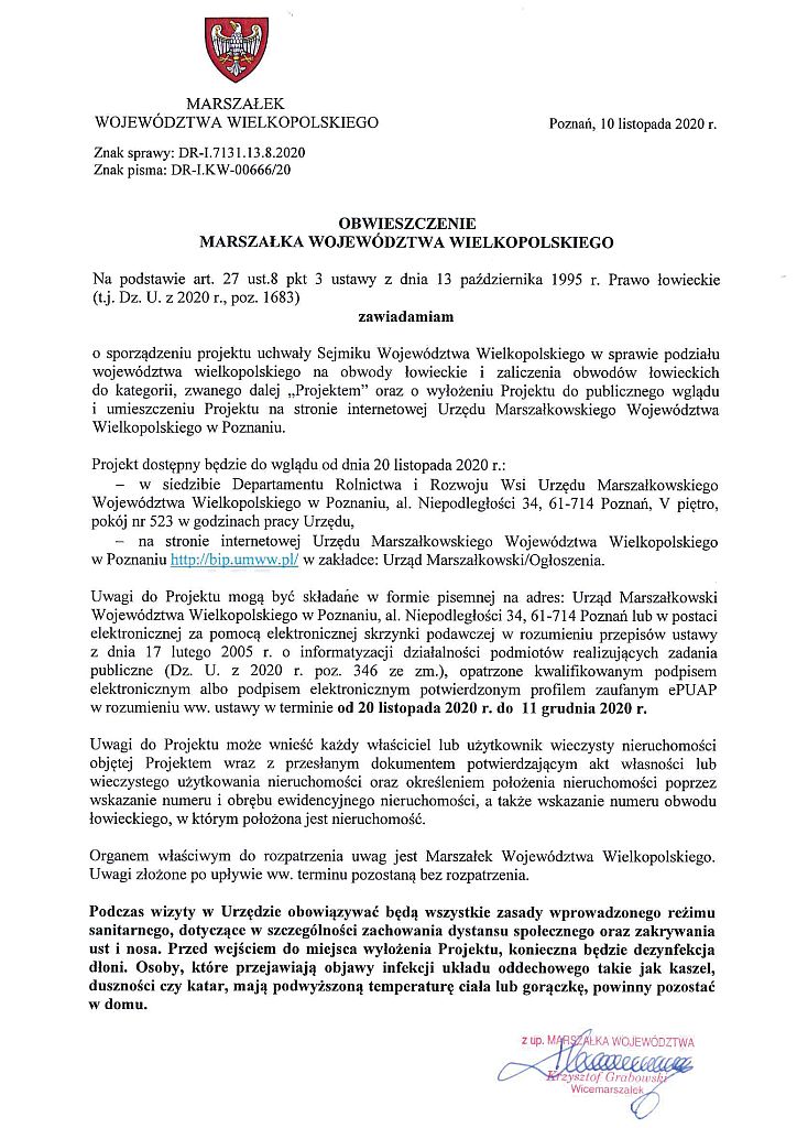 Obwieszczenie Marszałka Województwa Wielkopolskiego o sporządzeniu projektu uchwały w sprawie podziału województwa wielkopolskiego na obwody łowieckie