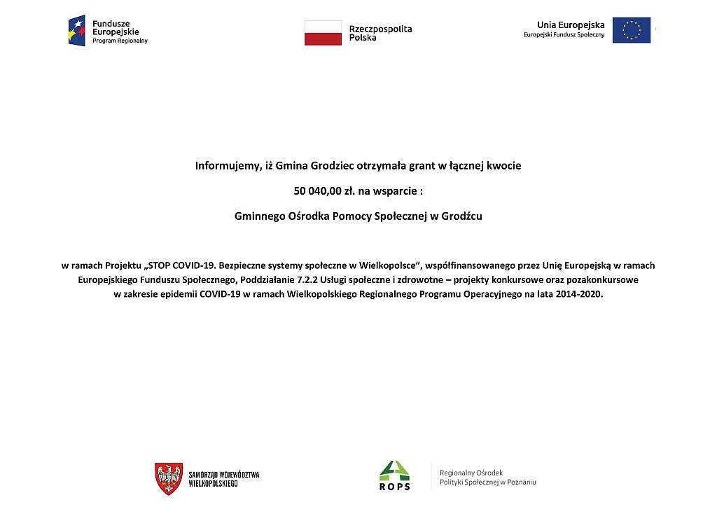 Grant STOP COVID - 19 Bezpieczne systemy społeczne w Wielkopolsce  - informacja