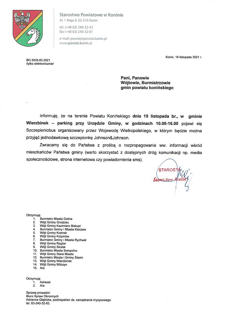 19.11.2021 r. - szczepieniobus w Wierzbinku - plakat