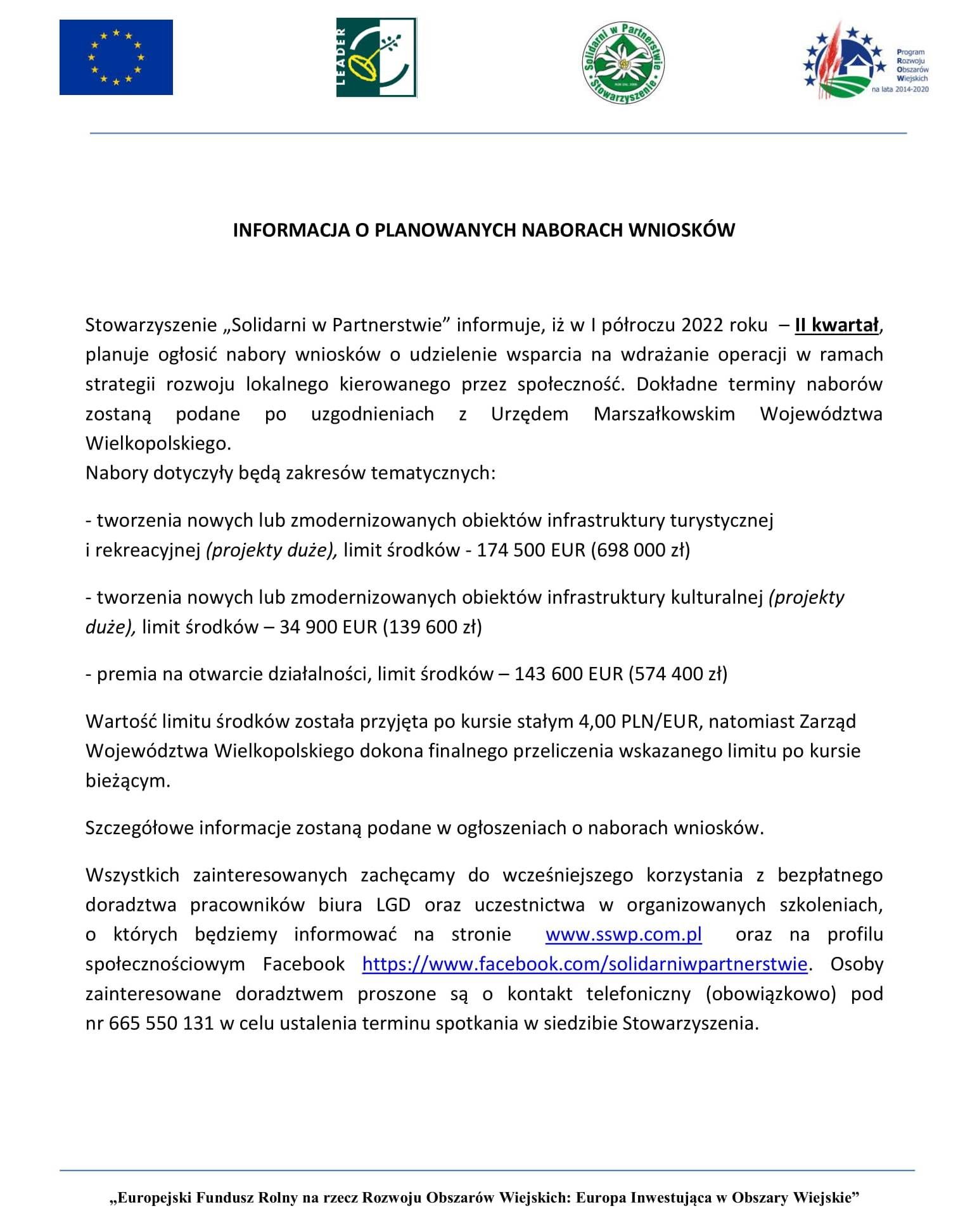 INFORMACJA O PLANOWANYCH NABORACH WNIOSKOW