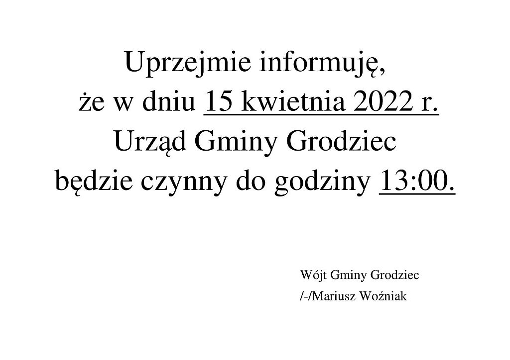 Godziny pracy urzędu w dniu 15.04.2022 r. - plakat