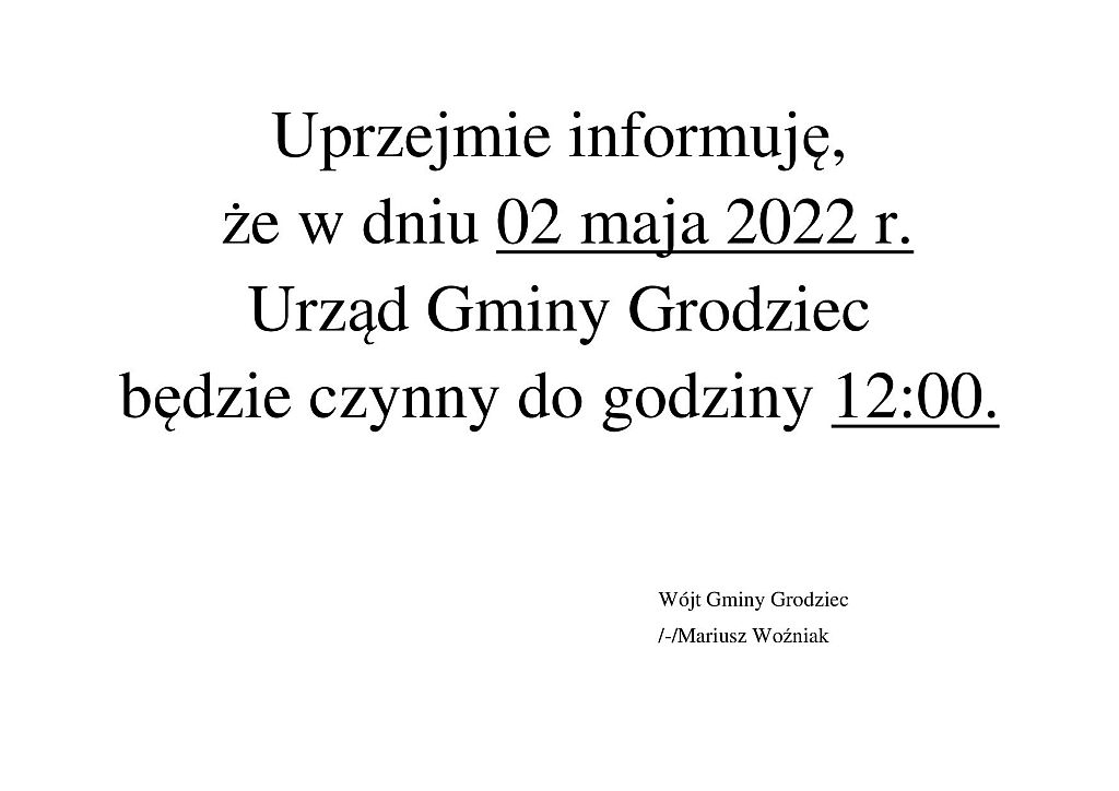 Godziny pracy urzędu w dniu 02.05.2022 r. - zdjęcie