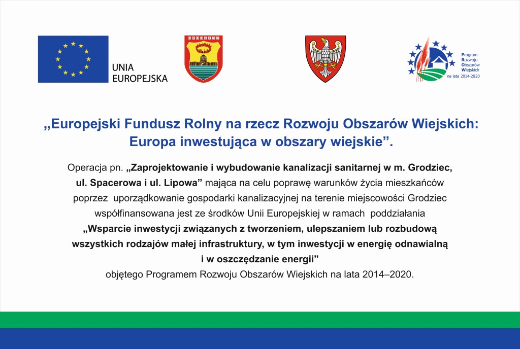 Kolejna inwestycja z zakresu gospodarki wodno-ściekowej z dofinasowaniem unijnym  w Gminie Grodziec - tablica UE