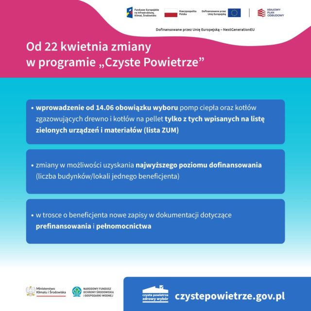 Od kwietnia 2024r. istotne zmiany w programie „Czyste Powietrze” - lista zum