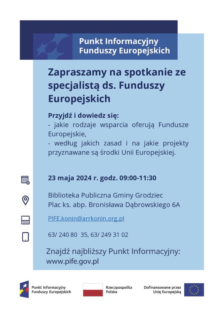 Punkt Informacyjny Funduszy Europejskich - spotkanie ze specjalistą 23 maja 2024 r. - plakat
