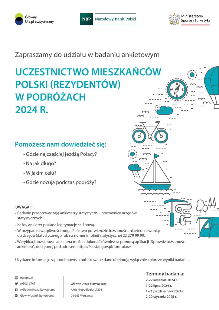 Badania ankietowe GUS: Uczestnictwo mieszkańców Polski (rezydentów) w podróżach (PKZ) - plakat