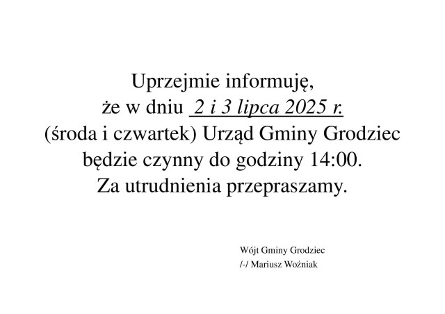 Godziny pracy urzędu w dniach 2-3.07.2025 r. - plakat
