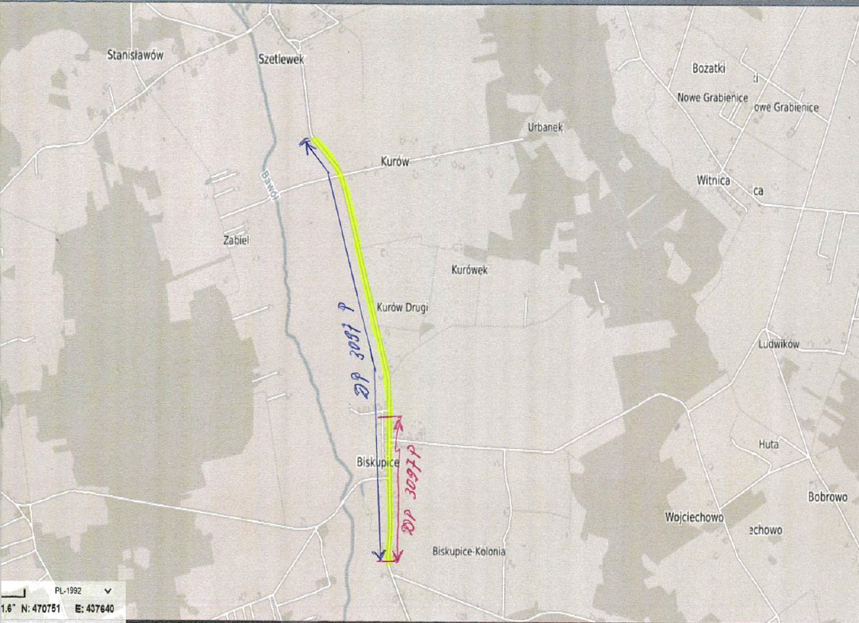 Przebudowa drogi powiatowej nr 3097P na odcinku od m. Biskupice do granicy powiatu - mapa