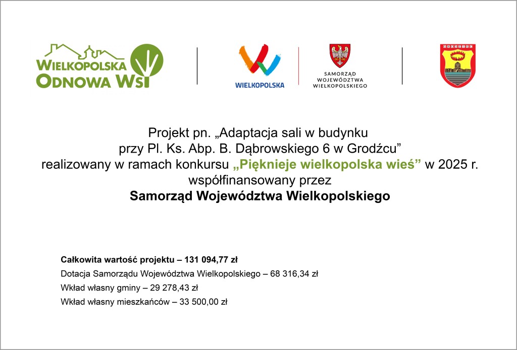 Adaptacja sali w budynku przy Pl. Ks. Abp. B. Dąbrowskiego 6 w Grodźcu zakończona - tablica informacyjna