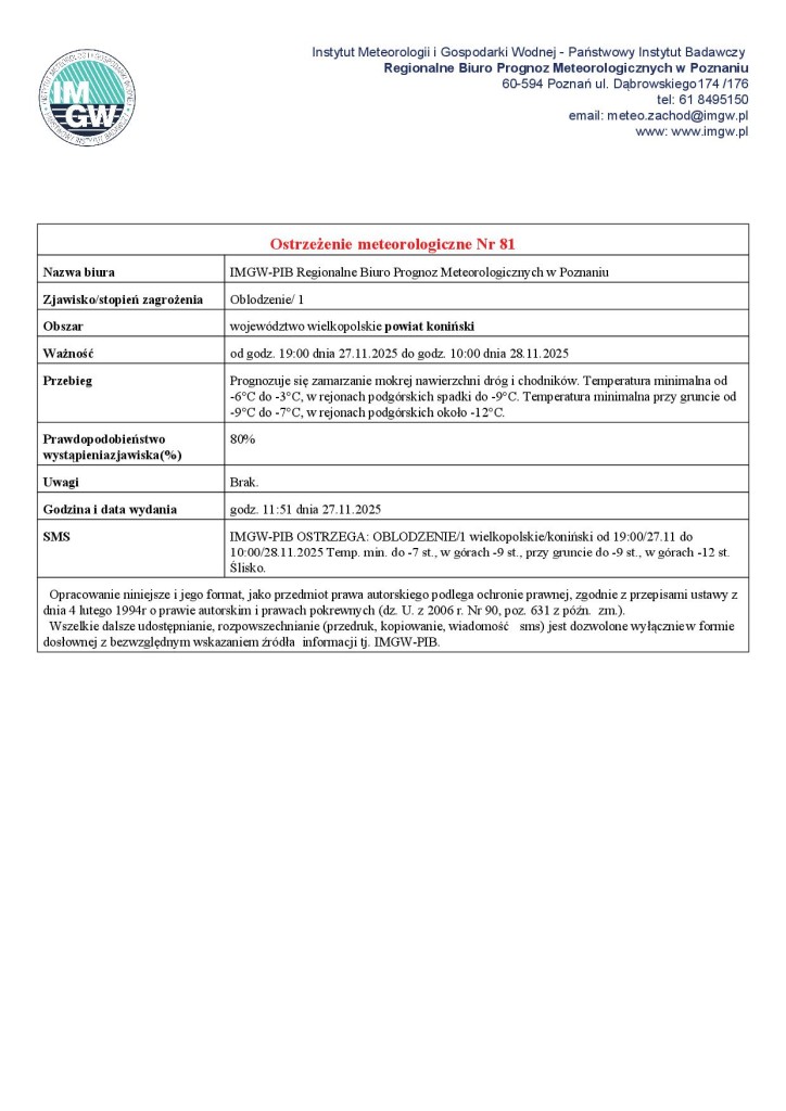 Ostrzeżenie meteorologiczne - 27.11.2025 - plakat