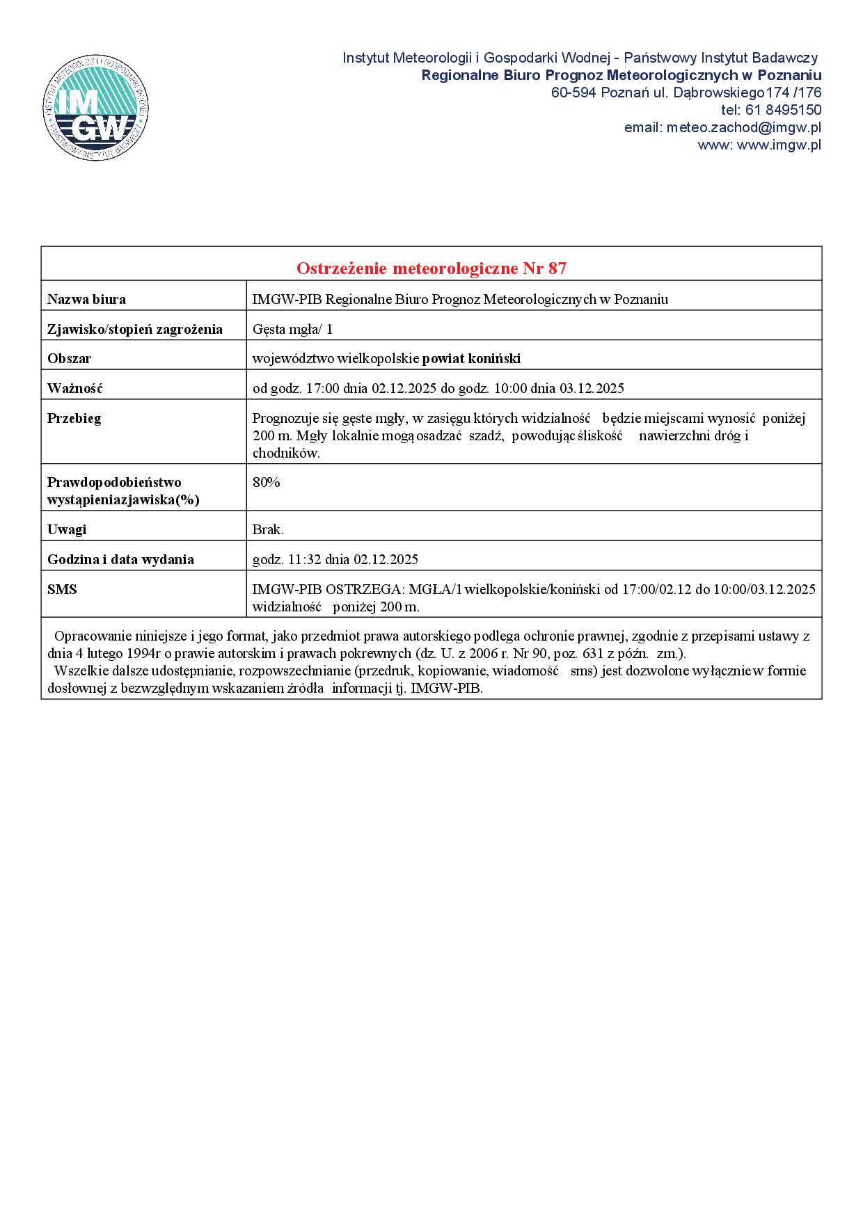 Ostrzeżenie meteorologiczne - 02.12.2025 - plakat