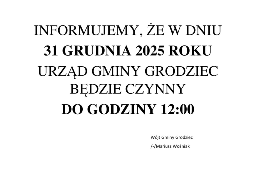 Godziny pracy urzędu w dniu 31.12.2025 r. - plakat