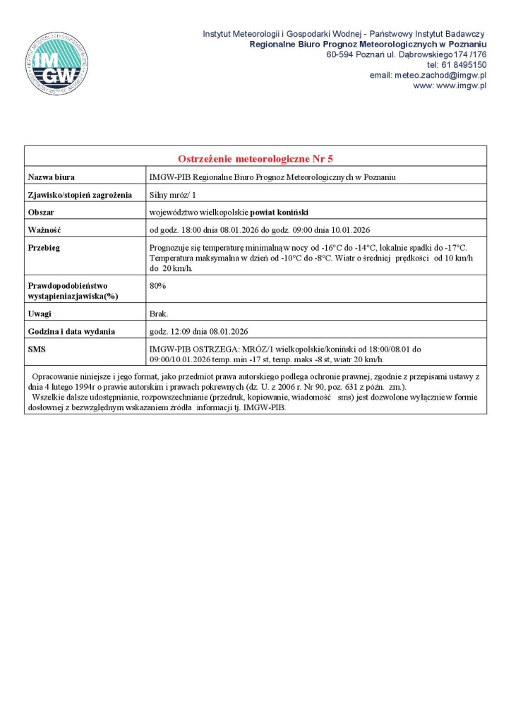 Ostrzeżenie meteorologiczne - 08.01.2026 - plakat