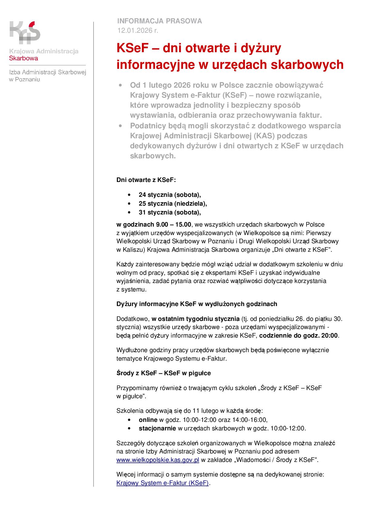 KSeF – dni otwarte i dyżury informacyjne w urzędach skarbowych - plakat