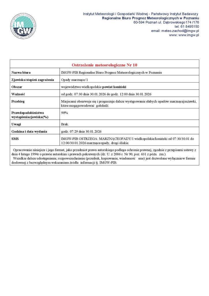 Ostrzeżenie meteorologiczne - 30.01.2026 - plakat