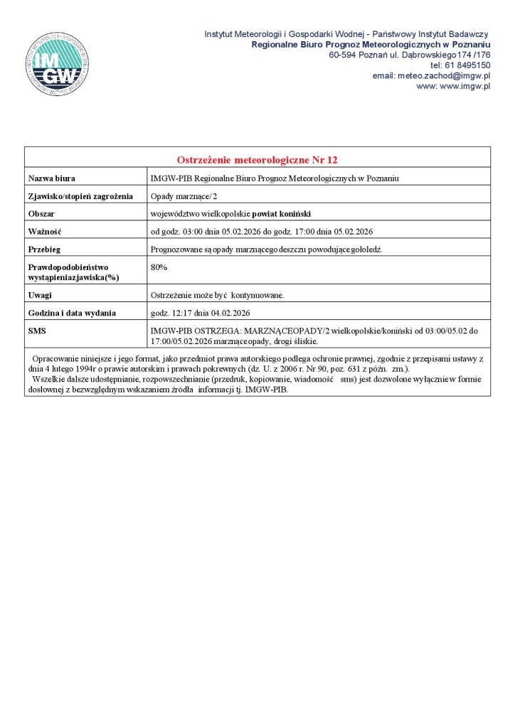 Ostrzeżenie meteorologiczne - 04.02.2026 - plakat