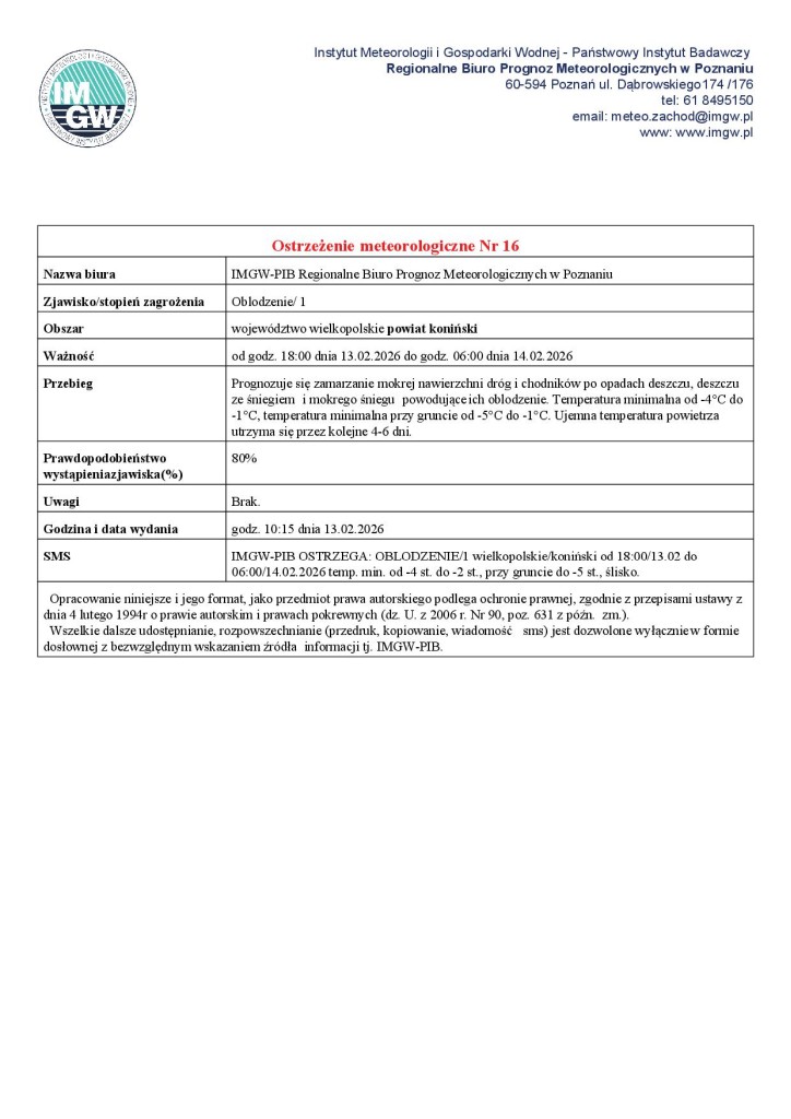 Ostrzeżenie meteorologiczne - 13.02.2026 - plakat