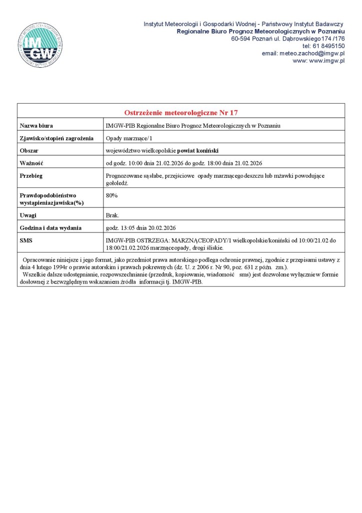 Ostrzeżenie meteorologiczne - 20.02.2026 - plakat