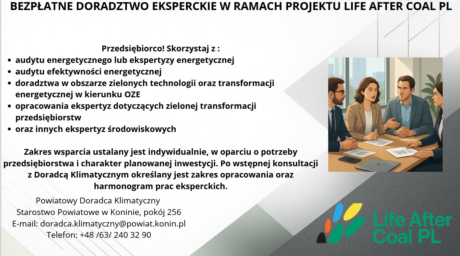 BEZPŁATNE DORADZTWO EKSPERCKIE W RAMACH PROJEKTU LIFE AFTER COAL PL - PLAKAT
