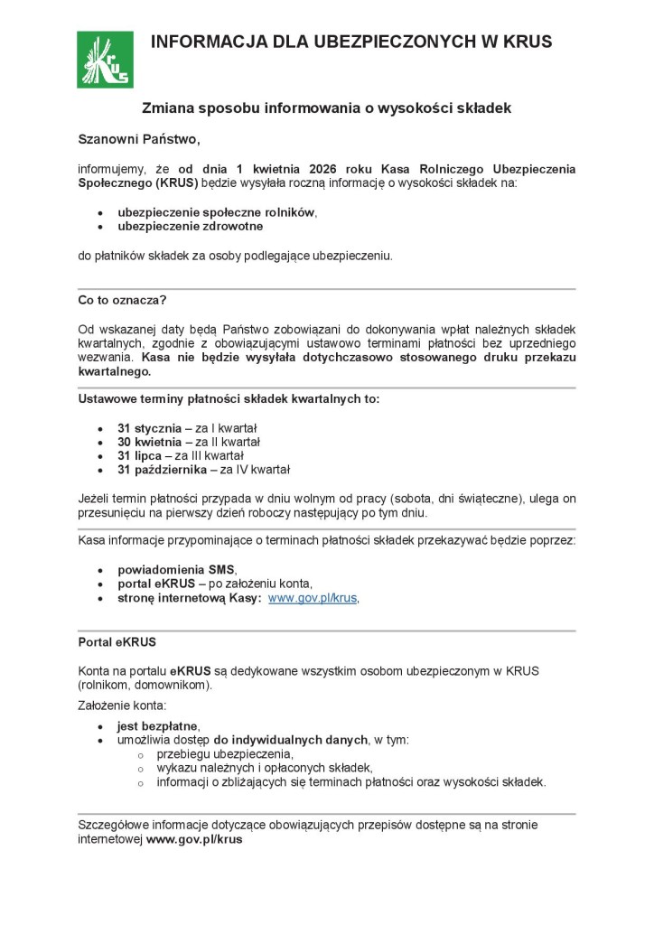 Informacja o zmianie sposobu informowania o wysokości składek KRUS - plakat