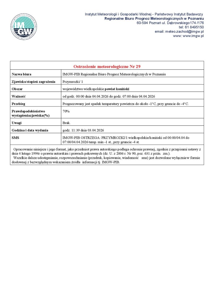 Ostrzeżenie meteorologiczne - 03.04.2026 - plakat