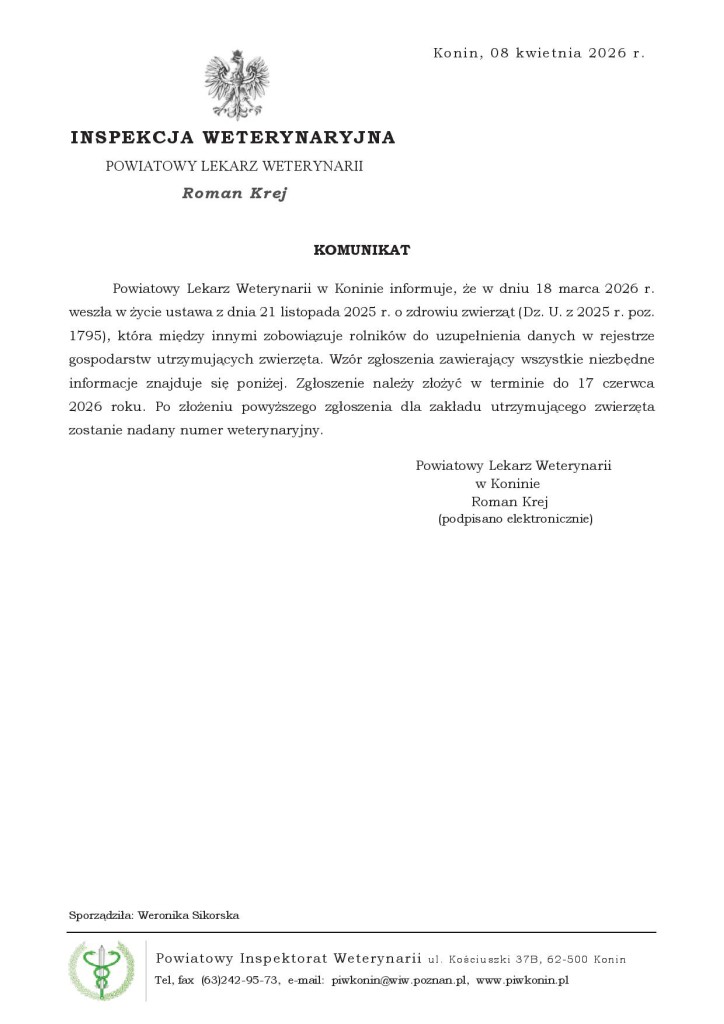 Komunikat Powiatowego Lekarza Weterynarii
