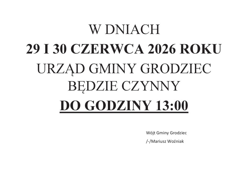 Godziny pracy urzędu w dniach 29-30.06.2026 r. - plakat