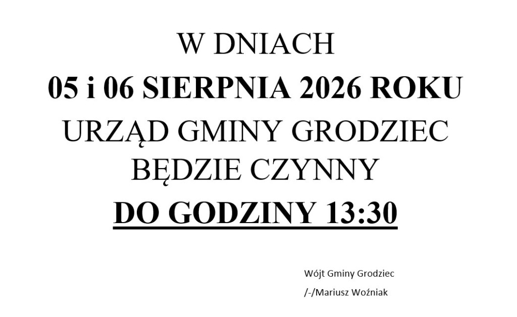 Godziny pracy urzędu w dniach 05-06.08.2026 r. - plakat